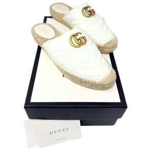 Gucci GG Logo Marmont Gold White Mattelasse‎ Espadrille Slide Flats Sandals 38.5